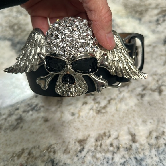 Accessories - Rhinestone Skull Black Leather Belt
